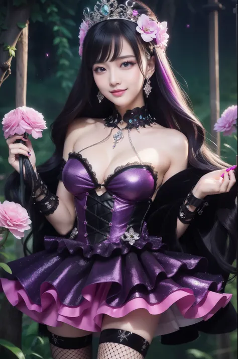 sexy stylish princess who controls poison、beautiful smile、lip-gloss、long lashes、intense makeup、look at the camera、full body Esbian、、sparkling poisoned flower costume、、、、shiny sparkling multicolor hair、secrete poison、skull hair accessories、fishnet tights、sh...