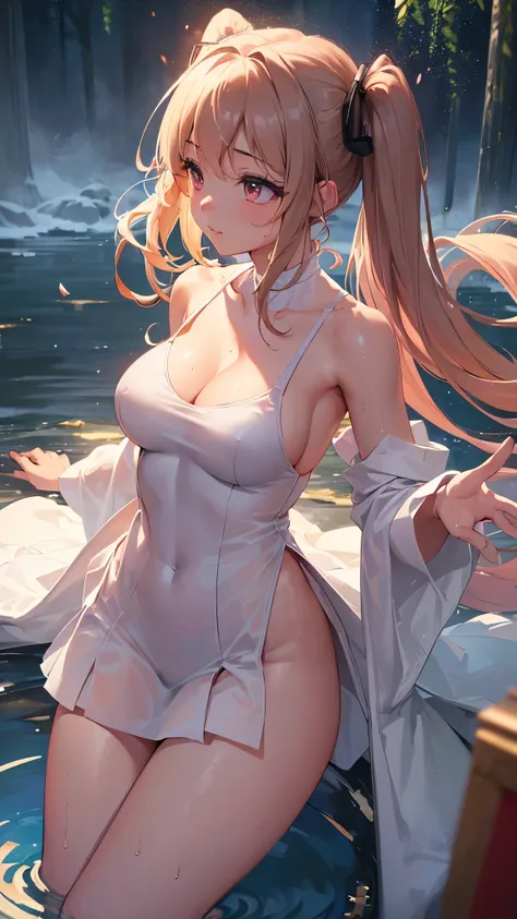 ((超high quality))、(((anime-style cute face))), (In the heavy rain、woman), (Wearing a wet white dress:1.3), (Underwear is cute), (White long skirt with a large slit),（Show your thighs well）、 (In 8K), (Put your arms behind your back:1.5), (Angle from the sid...