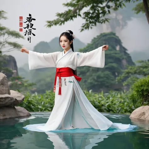 /I Chinese epic style, Hanfu standing in the air writing calligraphy, many Chinese characters surrounding the girl, ancient Chinese Tang Dynasty calligraphy, Chinese characters floating in the air, floating scrolls, whirlpools, ultra-high-definition qualit...