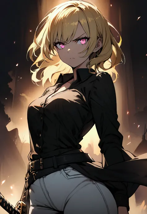 A girl, blonde hair, pink eyes, black clothes, white jeans, sword at her waist, serious look 