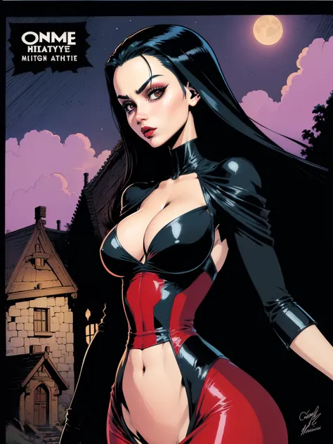 (((COMIC STYLE, CARTOON ART))).  A hot vampire girl, woman in medieval black dress, HOT BODY, on cemitery under the moonlight., Full growth in the frame. higly detailed