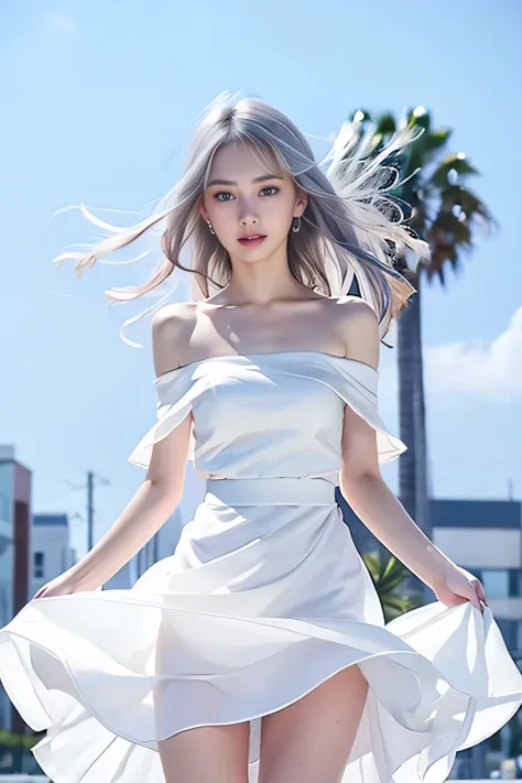 Heterochromia iridis，Silver Haired Girl，High Resolution Free，(Semi-transparent off-shoulder pure white dress、One Shoulder)、(The wind blows up my skirt)、（White panties are visible)、