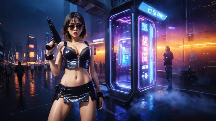 Blade Runner style futuristic Tokyo city, flying cars, neon lights, rainy night. (1girl, solo, alone), large-breast:1.2 slim body, slim face, cleavage:1.1, sexy laced lingerie, very low angle view miniskirt, jacket, (black micro sunglasses), (holding a sho...