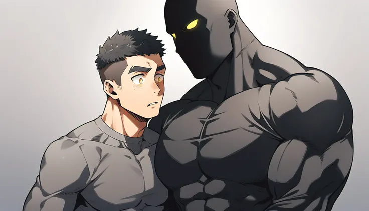 anime characters:Two superheroes in tights, Muscle Sports Student and Muscle No Face skinhead superhero, No Face, negro black skin, They hugged and kissed each other, Bite your neck, Caress, Manliness, male focus, Yellow and black high collar long sleeve t...