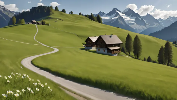 Alpine Village,Switzerland, Grasslands rich in nature, road, spring, Daytime, (Highest quality,4K,8k,High resolution,masterpiece:1.2),Very detailed,(Realistic,photoRealistic,photo-Realistic:1.37),High resolution,超High resolution,Studio Lighting,Vibrant col...