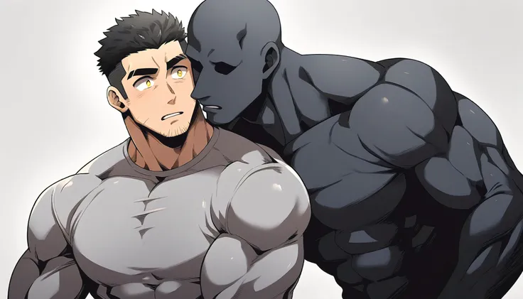 anime characters：Two superheroes in tights, Muscle Sports Student and Muscle No Face skinhead superhero, No Face, negro black skin, They hugged and kissed each other, Bite your neck, Caress, Manliness, male focus, Yellow and black high collar long sleeve t...