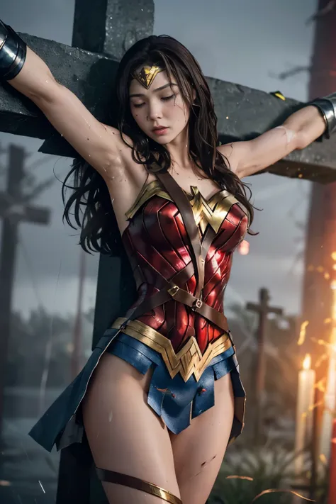 rain,Heavy rain,豪rain,In the midst of a storm,Full body soaked,my hair is soaked,dripping water,((crucifixion)),(cross),(execution),((incontinence)),Bruises on the face,facial scars,close ~ eye,sleeping face,syncope,((Woman in crucifixion at the cross:1.5)...