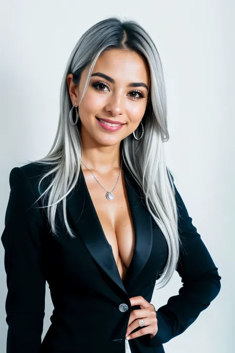 Portrait of an extremely beautiful Colombian woman, businesswoman, beautiful smile, flawless skin, (black blazer), (tight blue mini dress), (silver jewelry), silver hair color, wearing makeup, professional attire, posing for camera, plain white background,...