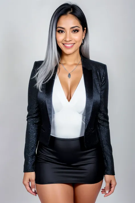 Portrait of an extremely beautiful Salvadoran woman, businesswoman, beautiful smile, flawless skin, (black blazer), (tight blue mini dress), (silver jewelry), silver hair color, wearing makeup, professional attire, posing for camera, plain white background...