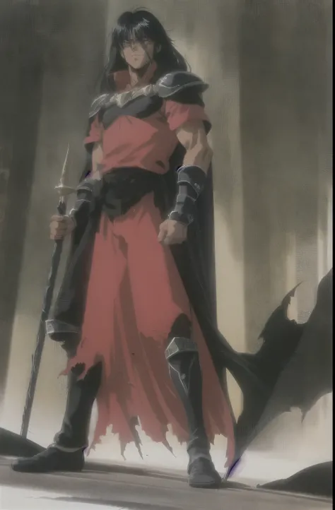 1 Dark-skinned man with yellow eyes, black long hair wearing black armor with black hair on his shoulders and a torn cape, walking in a dark forest with a red sword in his hand 1980s (style), full body, (Highest quality,Ultra-high resolution)