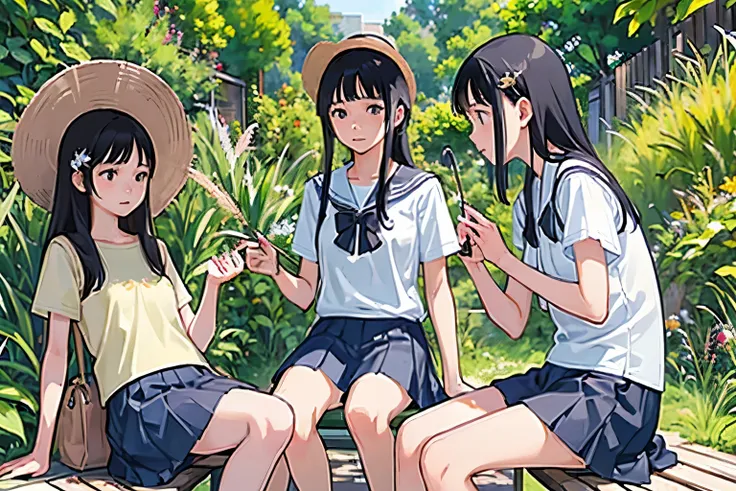 masterpiece, highest quality,plural, three girls, (playing with a bike)、insect removal、insect removal編み、sandals, black hair, sho...