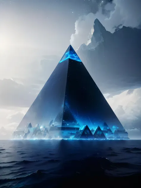 Alien civilization, water world, the theme is the spiritual purification crystal of high civilization, there are nebulae and galaxies in the crystal, pyramid shape, stars in the sky, heavenly dreams, on the left there is an aircraft shaped like a white Go ...