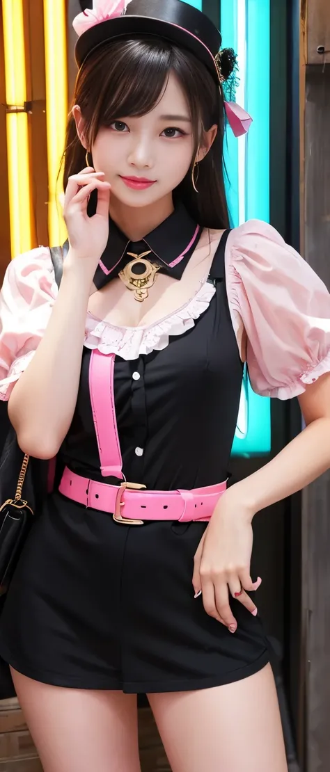 Gorgeous idol girl、whole body、Good style、、、、、、、、、、Thick legs、、、Fluorescent pink steampunk tight dress、black shirt、Cool girl face、、Southern Island、、Circle Belt、