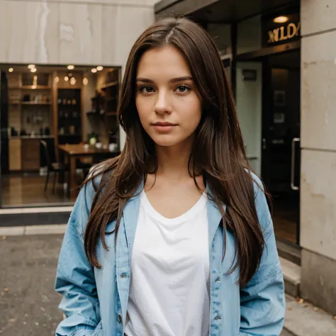 White girl with long straight brown hair with Jacket