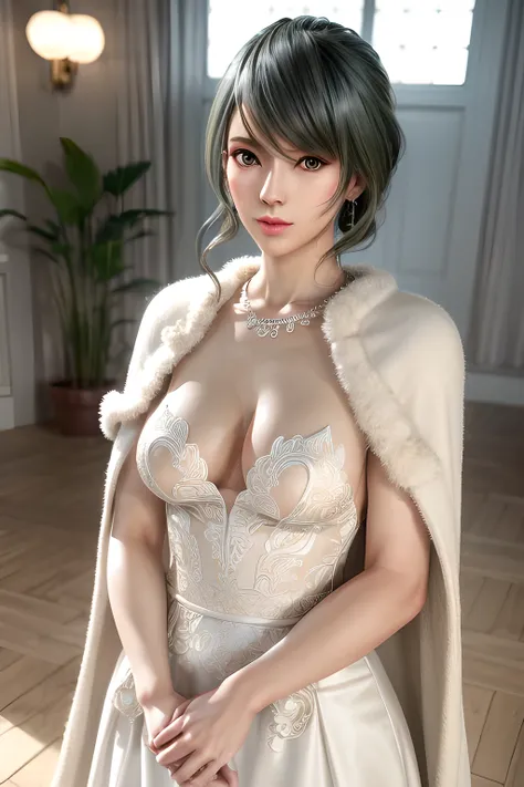 A lady with extraordinary temperament, she stands in a modern indoor space, as if she is a model from a fashion magazine. She is wearing a (pure white long fur cape), the softness and luster of which makes her look more noble under the light, and complemen...