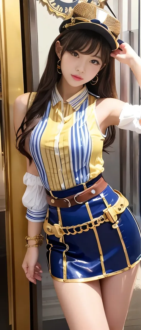 Gorgeous idol girl、whole body、Good style、、、、、、、、、、Thick legs、、、Gold steampunk tight dress、Shiny Blue Striped Shirt（Sleeveless）、Cool girl face、、Southern Island、、Circle Belt、