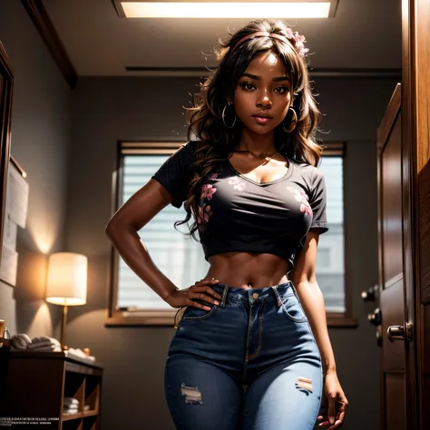  in bathroom, taking selfie, Masterpiece, high quality, 1, high resolution, volumetric lighting, subsurface scattering, 8k, Beautiful woman, (dark skin), phillipino, college student, uniform, (floral top, jeans), cleavage, wavy hair, headband, hoope earing...