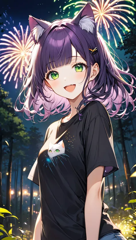 (masterpiece), best quality, expressive eyes, perfect face, solo, , cat ears,
long hair, wavy hair, blunt bangs, purple hair, green eyes, flat chest, black t-shirt, smile, open mouth, short sleeves, 
forest, night, fireworks,