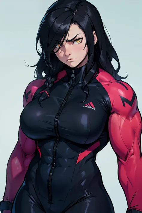 massive breasts huge breasts ((((muscular girl)))) ((((muscular girl)))) ((((muscular girl)))) toned body skinsuit long hair black hair yellow eyes pale skin serious look empty eyes sad frown embarrassed embarrassed 