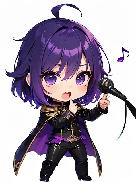 (((Metal band vocalist)))、Singing and playing the synthesizer、Handsome Chibi Characters、(((Purple-haired boy chibi character singing intense music)))、(((A vocalist with visual kei makeup)))、A beautiful depiction using tens of thousands of colors、masterpiec...