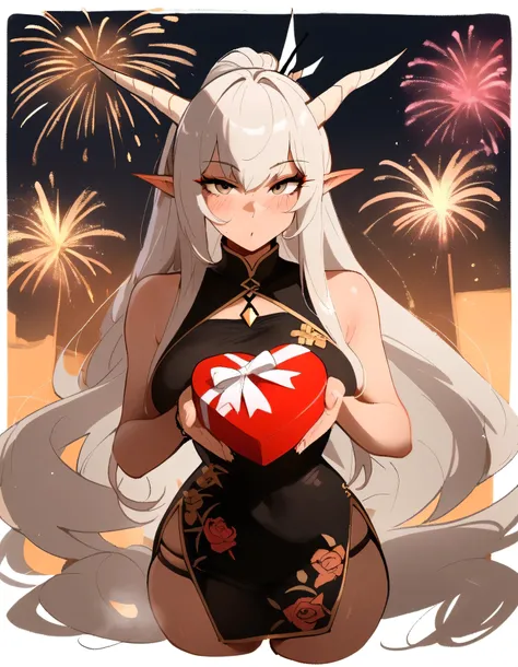 1girl, shining (arknights), arknights masterpiece, best quality, newest ///// nyantcha, khyle, horns , outside border, ,, grey eyes,, skindentation ,serious, straight-on,, ,pointy ears,solo, ,squishy breasts,, black china dress, nightm outdoors, firewor...