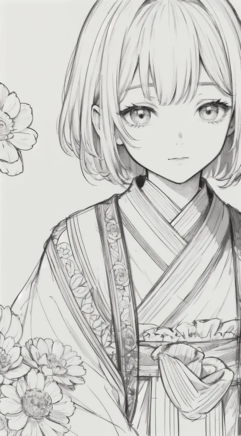 masterpiece, acura, doll, solo, hanfu, short hair,close-up, flower line drawing background, white background, monochrome, line drawing, ((sketch))