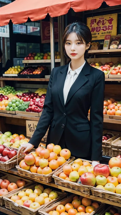  A woman in a stylish black suit with a unique tie stands confidently in front of a vibrant fruit stand, showcasing apples and oranges, Soft, even lighting highlights her features and creates a balanced composition placing her centrally, The fruit stand ad...