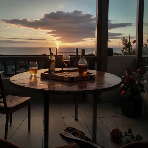 a table on the slab facing the sunset, drinks on table, a glass of wine, um whisky, cigarettes and roses on the table, table close to the view of the viewer