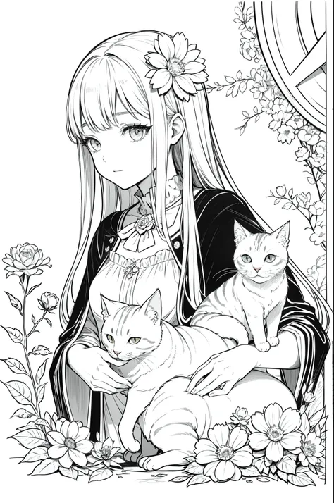 ​masterpiece, superlative, Elegant young wizard, masculine , soli, Cute Halloween , flower line drawing background, white background, monocromatic, line-drawing, ((sketch)), frightful, White cat with white eyes, eye white