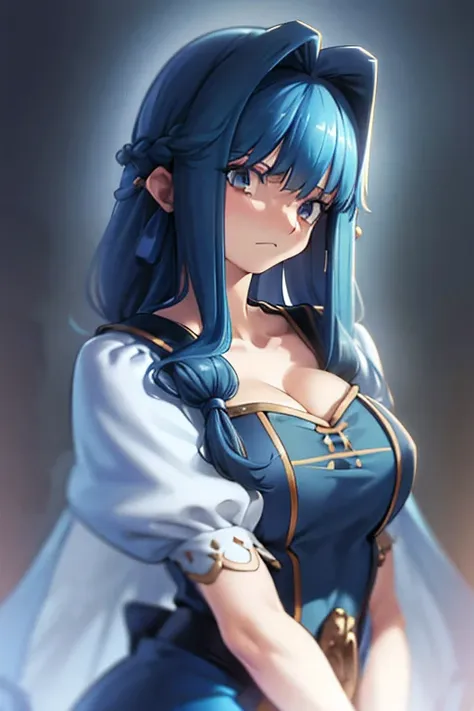 a beautiful detailed girl with long blue hair, big bust, wearing a long blue collegiate dress, highly detailed, photorealistic, ...