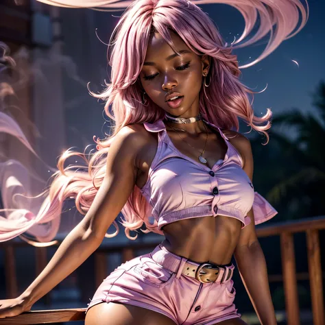 in pink hypnosis, (1), (dark skin), dark skin, wide shot, blond hair, orgasm, (white button down top, pink shorts with belt), (Masterpiece, Professional lighting, 16k, 8k wallpaper, raw photo, photorealistic:1.8, ultra detailed, natural lighting, detailed ...