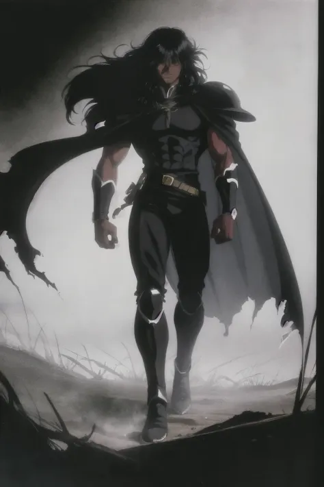 1 Dark-skinned man with yellow eyes, black long hair wearing black armor with black bearskins on his shoulders and a torn cape, walking in a shadowy forest with a red sword in his hand 1980s (style), full body, (Highest quality,Ultra-high resolution)