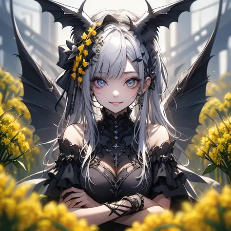 (masterpiece), Highest quality, Ultra-high resolution,Silver Hair、Black Hair、Big smile、Bat、Sick Makeup、olive、(rapeseed:1.3)、Oil