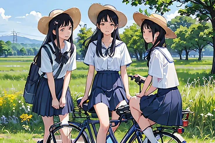 masterpiece, Highest quality,plural, Three Girls, (Playing with a bike)、Insect removal、Insect removal編み、Sandals, Black Hair, short hair、Long Hair, Hair ties, hair band, hair ornaments, Straw hat、Shorts, skirt、dappled daylight、Outdoor, nature, wood々、 Grassl...