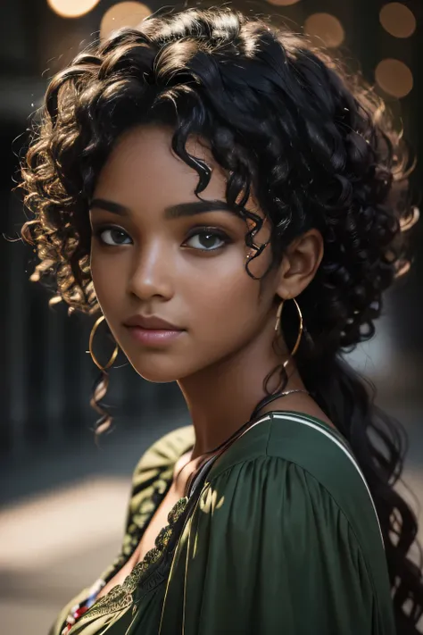 work of art. best qualityer, young man with dark skin, green eyes and curly hair posing for a photo, soft portrait photographed in 8k, beautiful young, beautiful portrait image, photo of a beautiful woman, perfect face and eyes, beautiful face portrait, be...