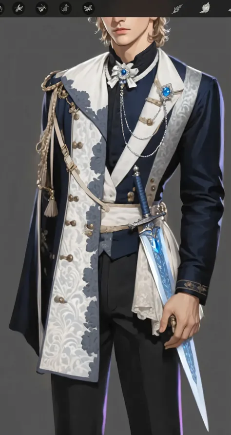 beautiful illustration, ultra-detailed, masterpiece, man, victorian era, victorian style, dark blue jacket, white cape with a pattern and collar, chains, Studs, sword on belt, confident pose, brooch on the collar, blue crystal brooch on chest, nice outfit,...