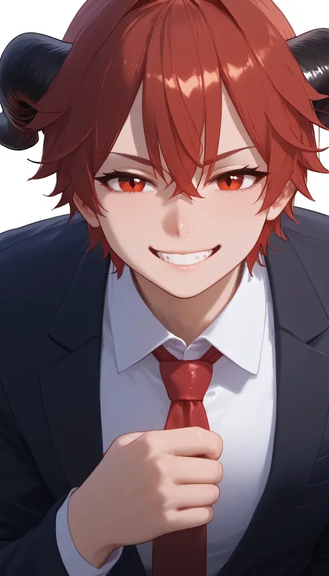 shiny skin, 1boy, comma haircut, black skirt, (red eyes, beautiful detailed eyes, (predator pulils)), long pants, solo, looking at viewer, red hair, black coat, black suit, red tie suit, white shirt, long sleeves, smile, challenging smile, ((small horns, b...