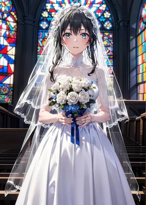 yukino, yukino yukinoshita, black hair, blue eyes, semi-long,ahoge,smile,blush,open your mouth,white wedding dresses,wedding lon...