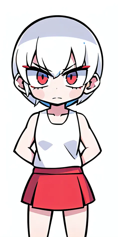 1girl,solo,upper body,short hair,white tanktop,red skirt,white background,angry