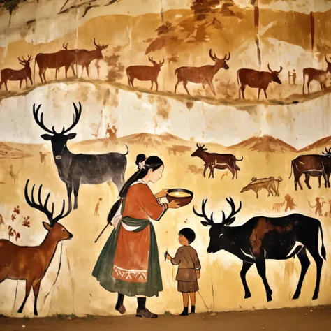 mural, lascaux murals、a hunter who hunts cattle and deer、a woman and child cooking、