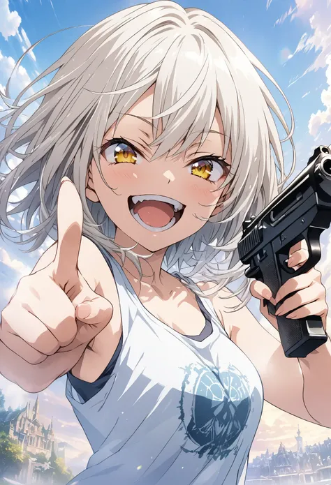 masterpiece, Highest quality, Highly detailed CG Unity 8k wallpaper, High School Girl Anime Illustration. Wear an oversized tank top、Pointing a gun pose、she has her eyes closed and mouth open, smile. The background is a light pastel colored landscape.,  wh...