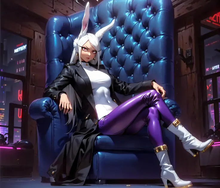 (((1girl, solo, mirko, mirkomha, boku no hero academia, (white hair, red eyes, long hair, rabbit ears, dark skin), lipstick, gold earrings, muscular, fitness)), sensual pose, Beautiful, diamond necklace)), ((solo, 1woman, pink lipstick, Extremely detailed,...