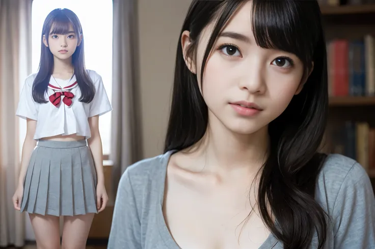 High resolution、High resolution、In 8K、RAW Photos、Highest quality、masterpiece、18-year-old girl, (Flat chest like:1.2), ((Skinny body:1.2)),  Wavy Hair,, Anatomically correct、bangs、Waist、thigh、Japanese high school uniform