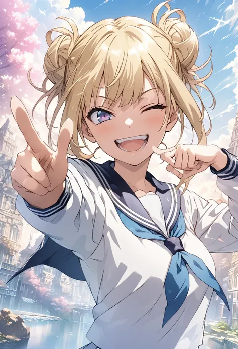 masterpiece, Highest quality, Highly detailed CG Unity 8k wallpaper, High School Girl Anime Illustration. Sailor suit, Pointing a gun pose、she has her eyes closed and mouth open, smile. The background is a light pastel colored landscape.,  Blonde hair bun,...