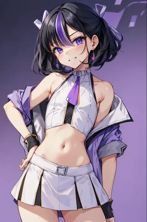 1girl,shuen,mini skirt,(black hair,purple streaked hair),white crop top,navel,(purple jacket),bare shoulders,looking at the viewer,evil grin,(flat chest:1.3),(chibi:1.3),(skinny),(upper bodyt:1.3),,top-quality,Top image quality,perfect anatomy,masterpiece,...