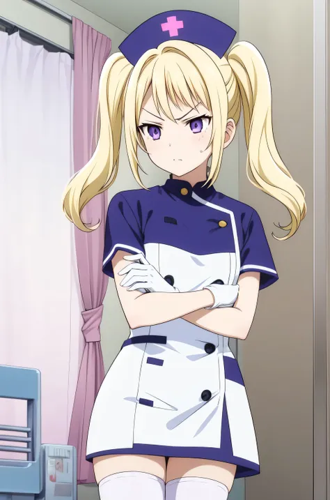 1girl, solo, nurse, nurse cap, white nurse uniform, ((white legwear, zettai ryouiki)), white gloves, twintails, yellow hair, purple eyes, angry, crossed arms, standing, ((hospital room)), sharp outline, short sleeves, best quality, masterpiece