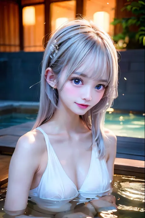 1 girl, she is in the ONSEN , Taking a bath in a hot spring, bathing,silver straight hair, blondes, medium long hair, she is AYA MIYABI, 2, Bishojo, looking at viewer, she is famous Japanese idol, kawaii, (mascara), eyeliner, almond eye, natural eyebrows, ...