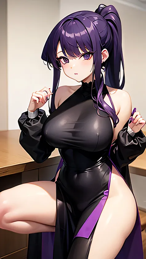 Purple hair、purple eyes、big breasts、Drooping eyes、ponytail、Completely naked、anime style