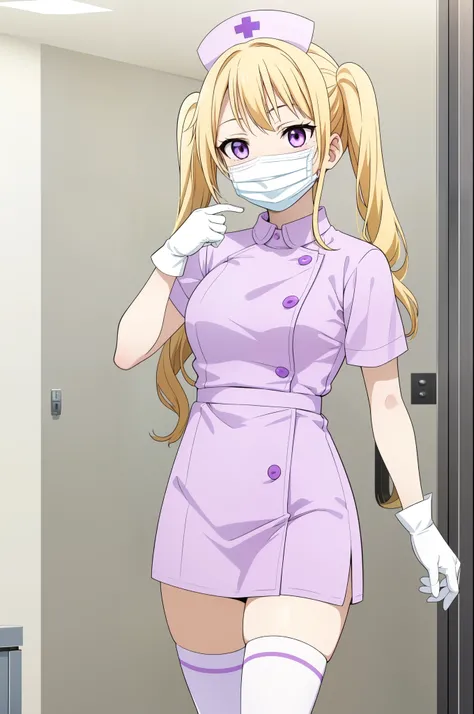 1girl, solo, nurse, nurse cap, white nurse uniform, ((white legwear, zettai ryouiki)), white gloves, twintails, yellow hair, purple eyes, ((white surgical mask, covered nose)), standing, ((hospital room)), sharp outline, short sleeves, best quality, master...