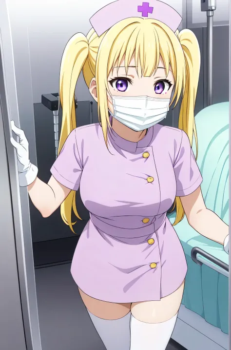 1girl, solo, nurse, nurse cap, white nurse uniform, ((white legwear, zettai ryouiki)), white gloves, twintails, yellow hair, purple eyes, ((white surgical mask, covered nose)), standing, ((hospital room)), sharp outline, short sleeves, best quality, master...